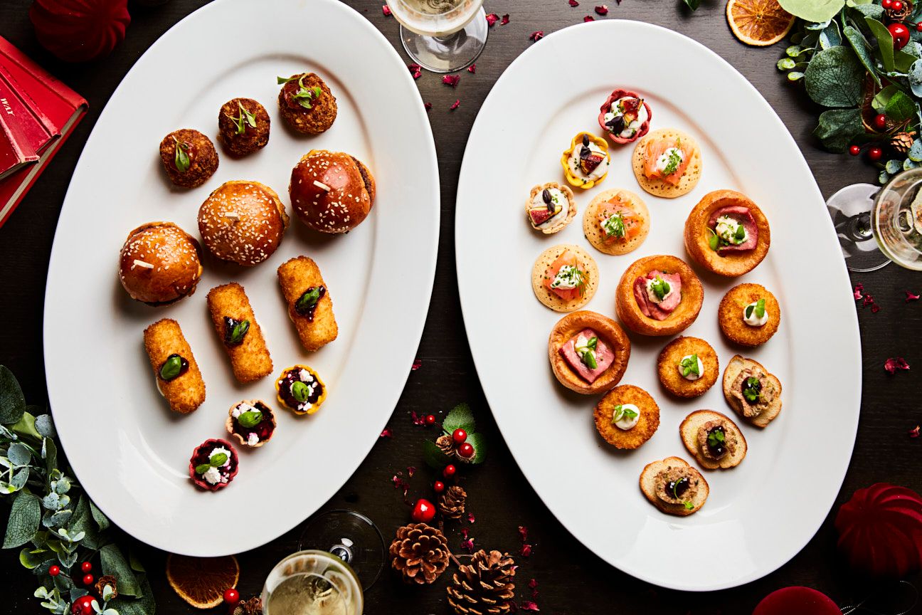 Christmas canapés on a festive restaurant table.